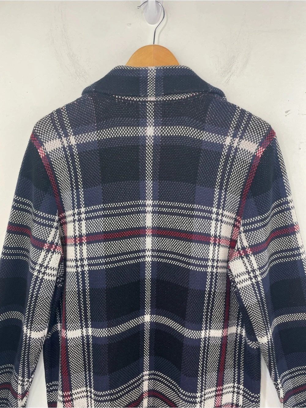 Chaps Plaid Open Front Cardigan Coat – Navy Burgundy & Cream size Large